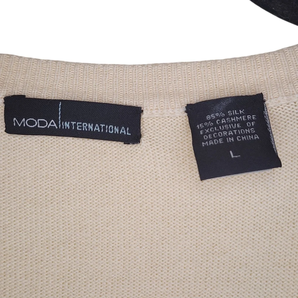 MODA INTERNATIONAL Cream Silk Cashmere Gem Embellished Cardigan L